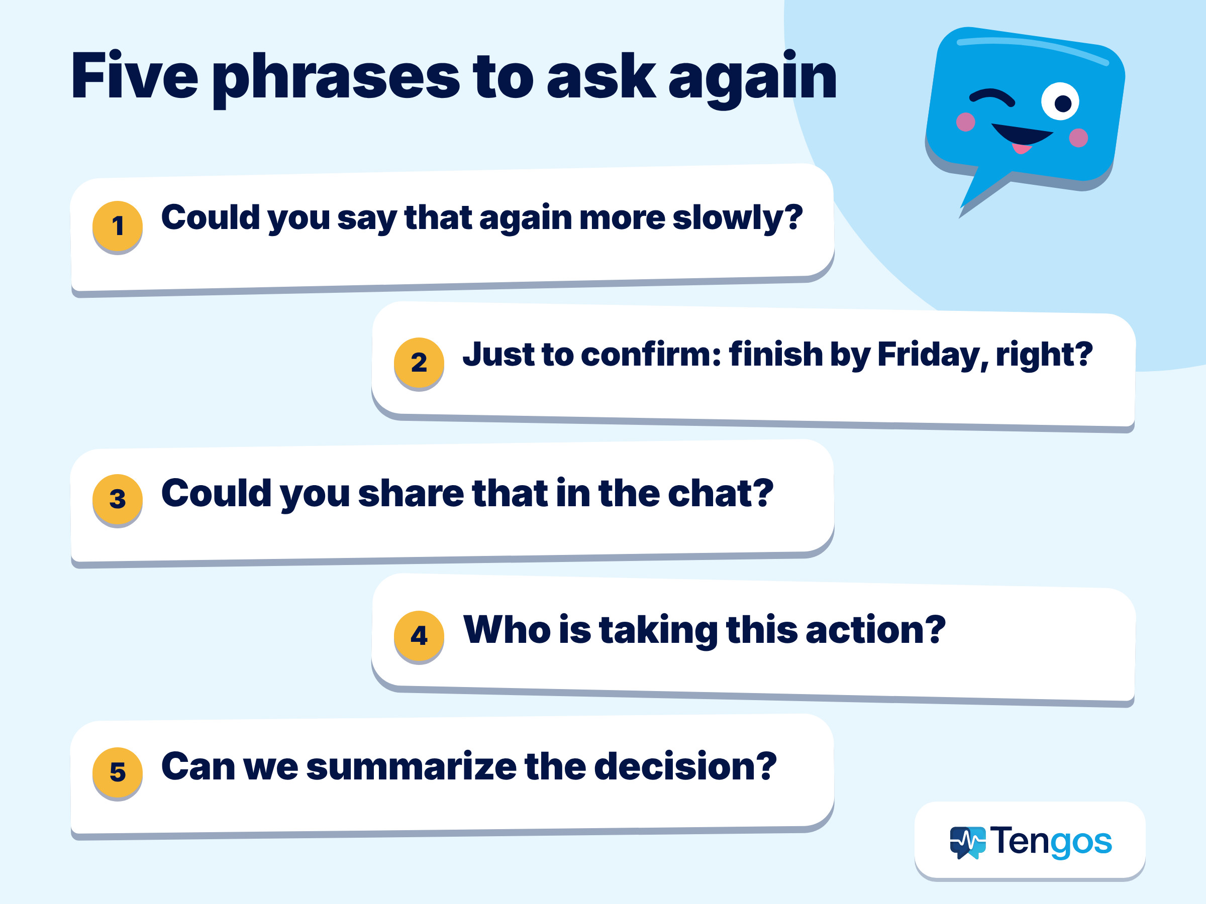 Five short, polite phrases for asking someone to repeat or confirm in an English meeting