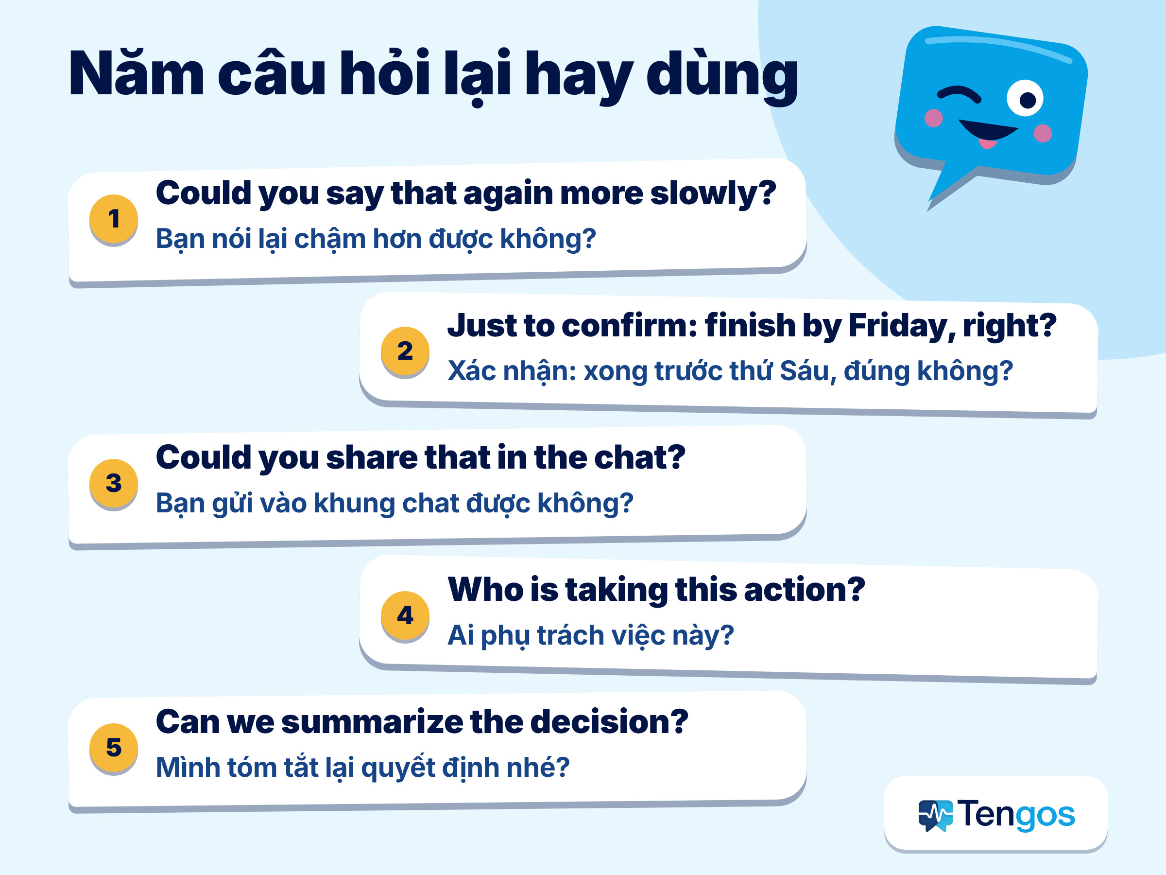 Năm câu hỏi lại bằng tiếng Anh kèm nghĩa tiếng Việt dùng khi họp