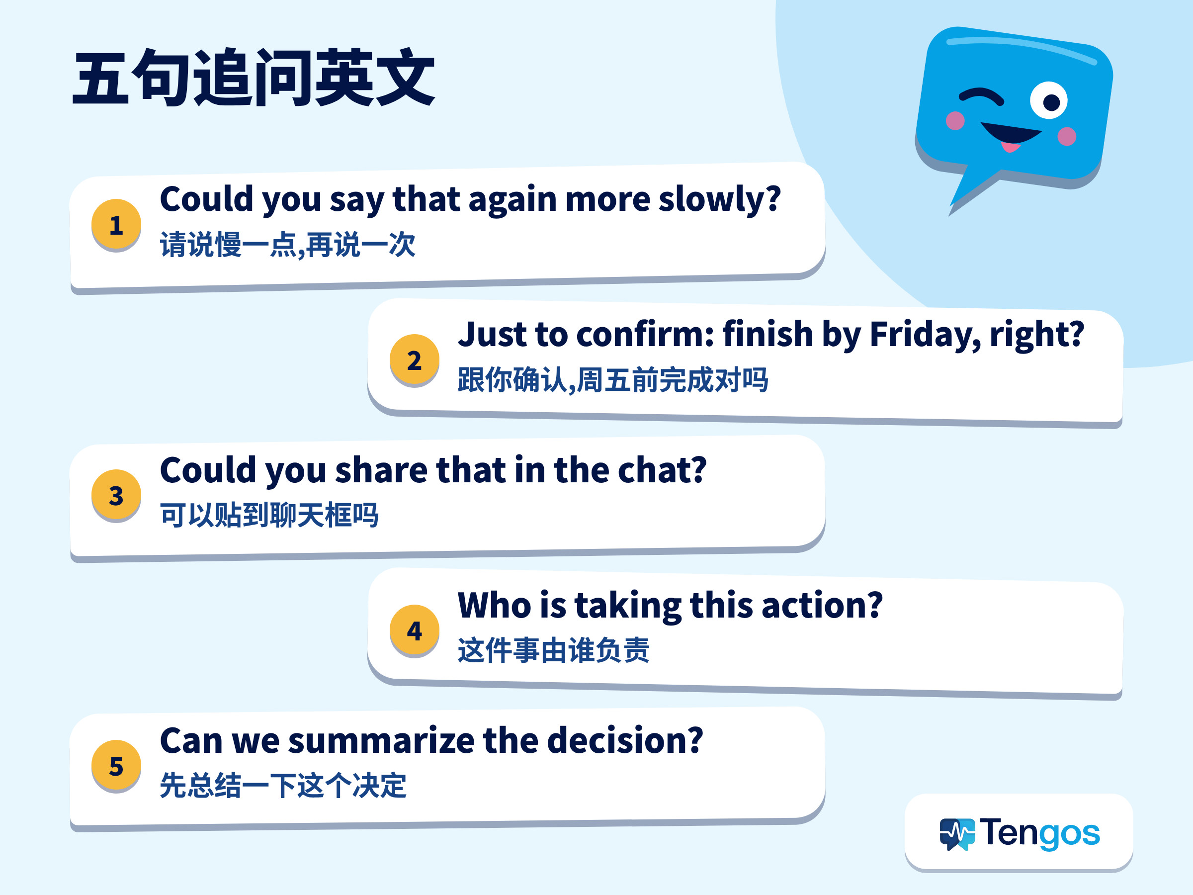 开会时可以用来追问的五句英文及中文翻译