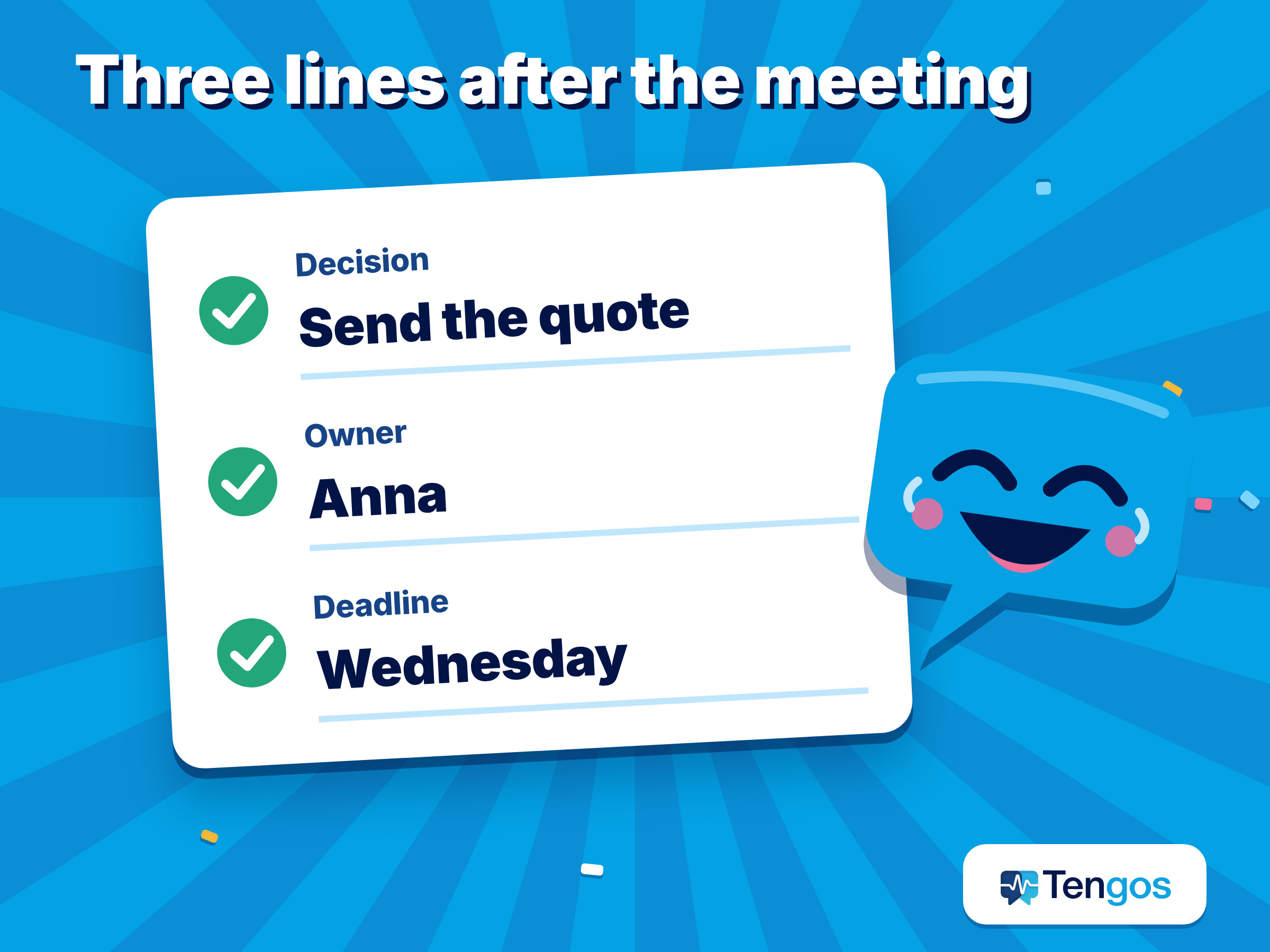 Three-line recap template with decision, owner and deadline to send after a meeting