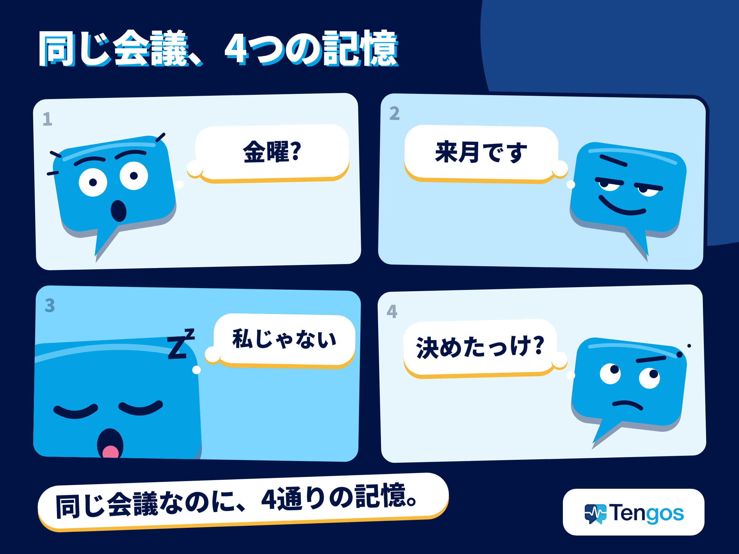 議事録AIがない会議の後、同じ会議を4人がそれぞれ違うふうに覚えているコミック