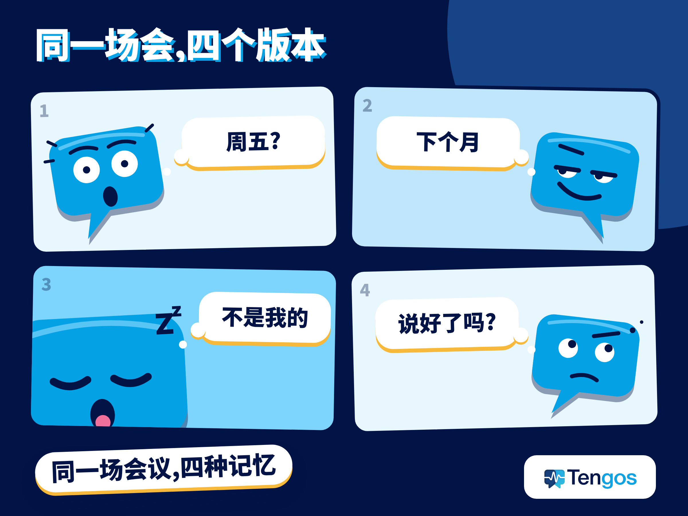 漫画:四位同事开完同一场会,对决定的记忆各不相同,说明需要 AI 会议记录