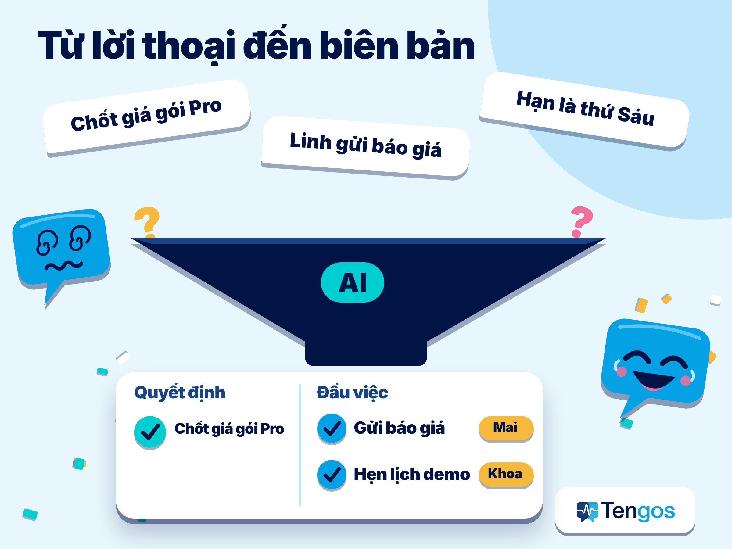 Biên bản cuộc họp bằng AI: lời thoại trực tiếp thành quyết định và đầu việc có người phụ trách