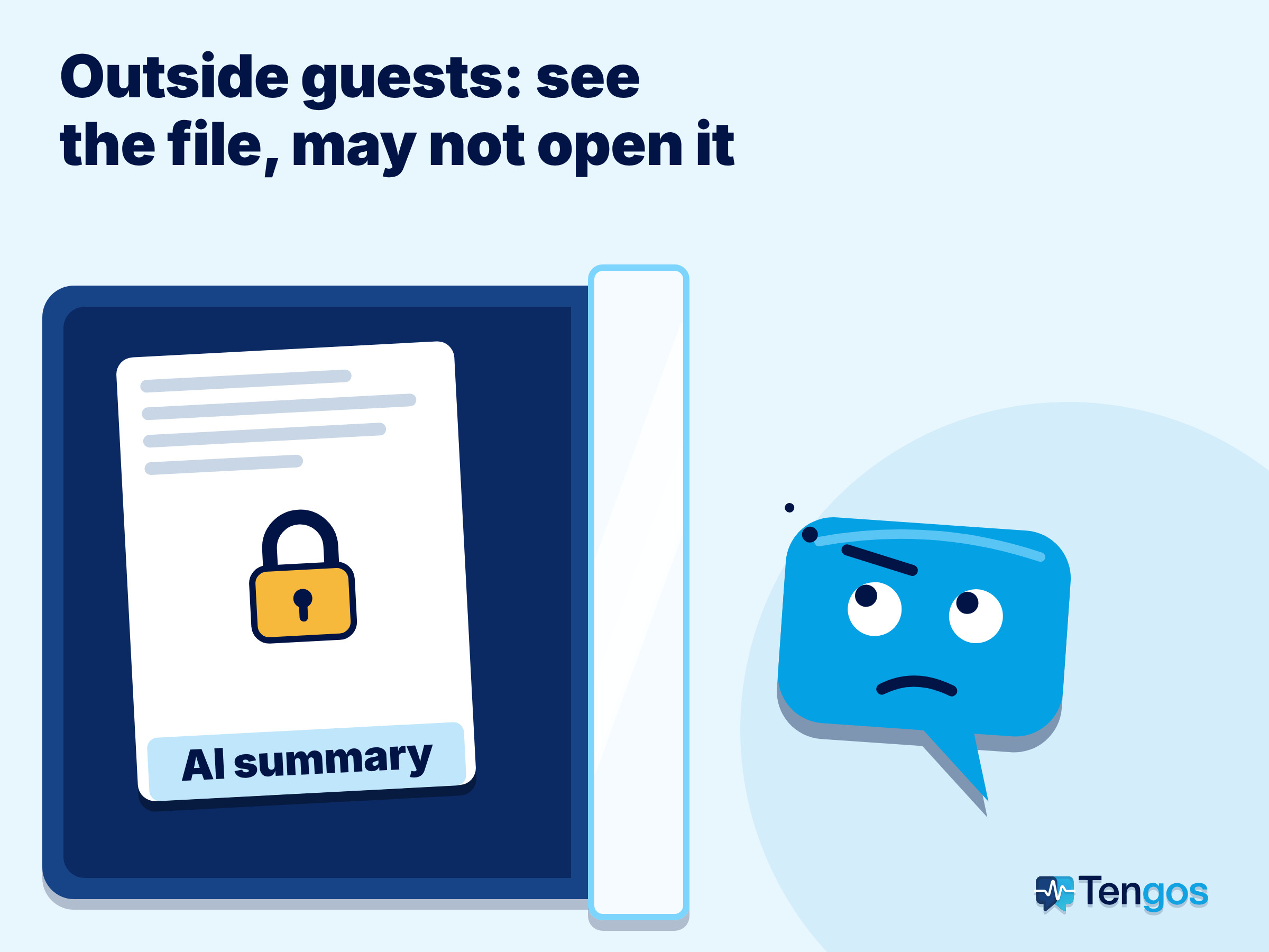 An AI summary document with a padlock sits behind glass while Ten stands outside: a meeting summary email works only if guests outside your organization can open the file