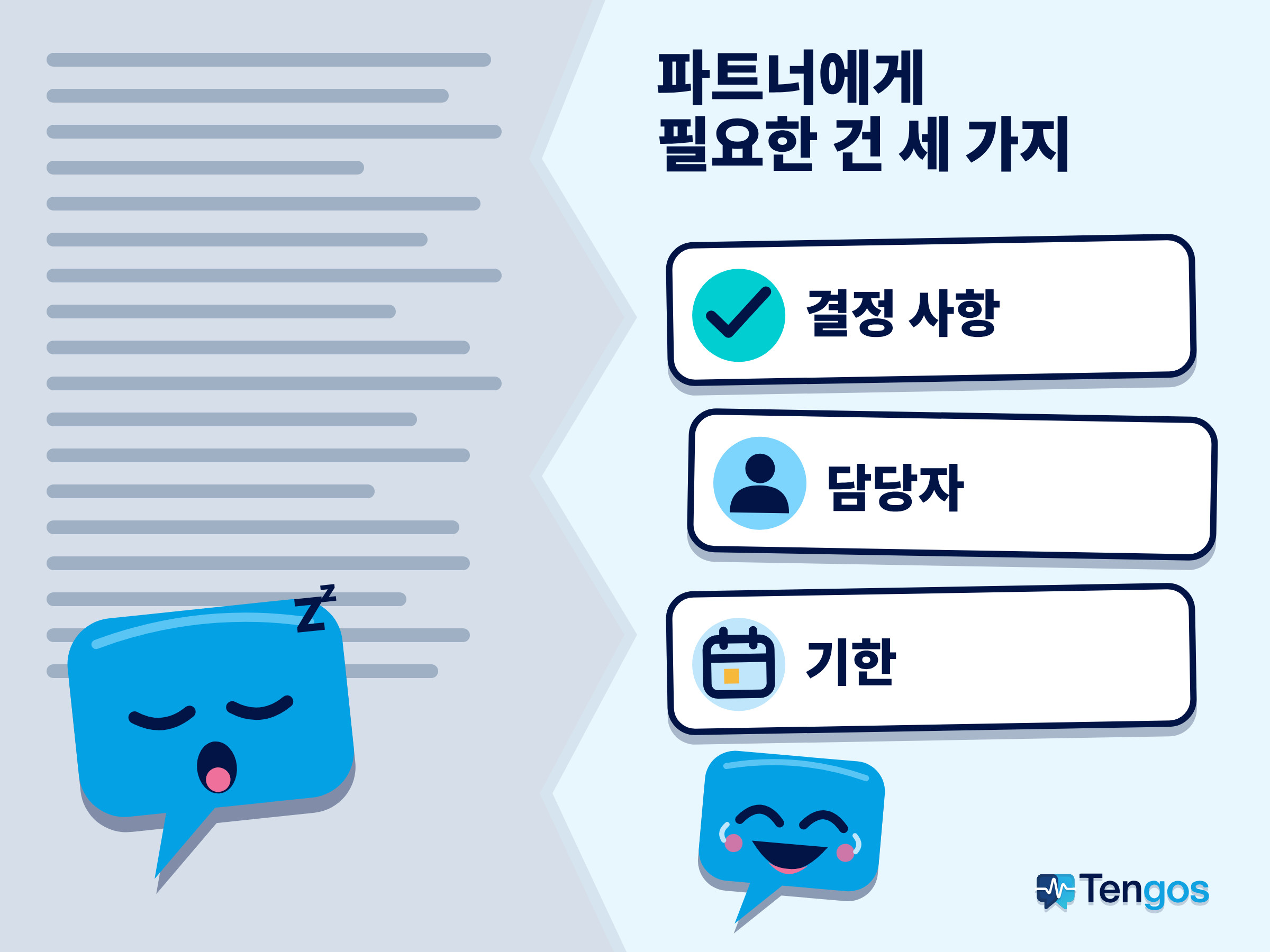 왼쪽은 회색 글자 벽과 졸린 Ten, 오른쪽은 결정 사항, 담당자, 기한 세 줄과 웃는 Ten