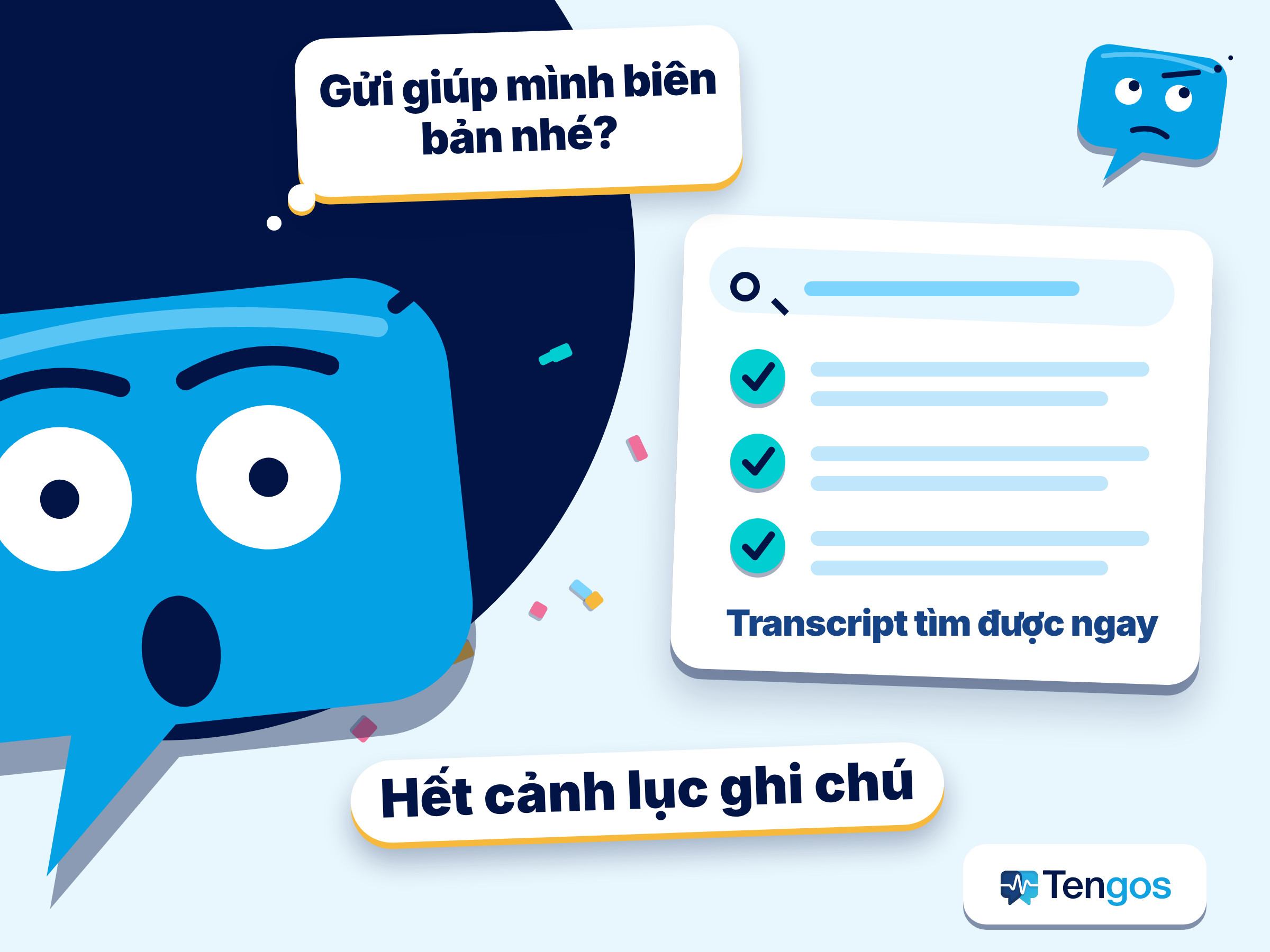 Cảnh vội vã sau cuộc họp khi bị hỏi gửi biên bản, đối lập với một transcript gọn gàng, tìm kiếm được của phần mềm ghi âm cuộc họp