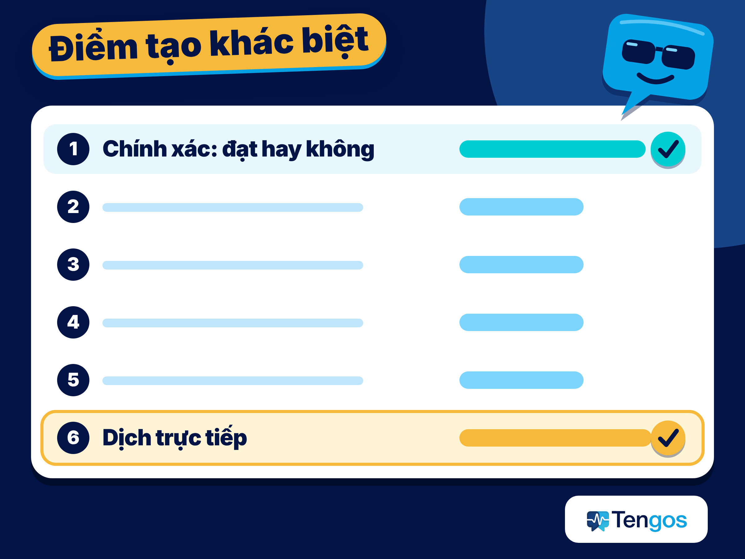 Bảng điểm sáu tiêu chí: độ chính xác là cổng đạt hoặc không đạt, dịch trực tiếp là điểm tạo khác biệt