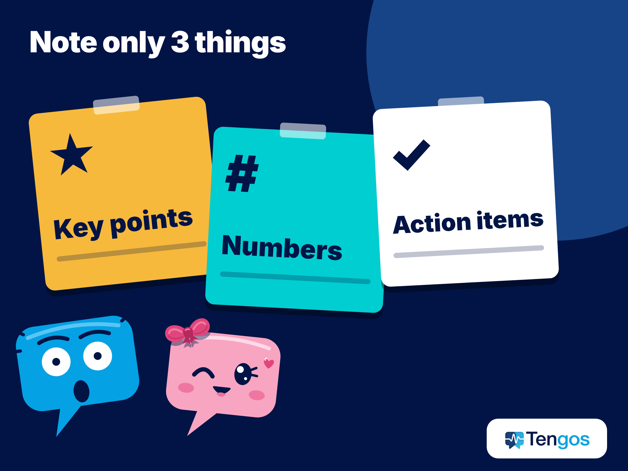Note card listing the only three things to write down during a webinar: key points, numbers and action items