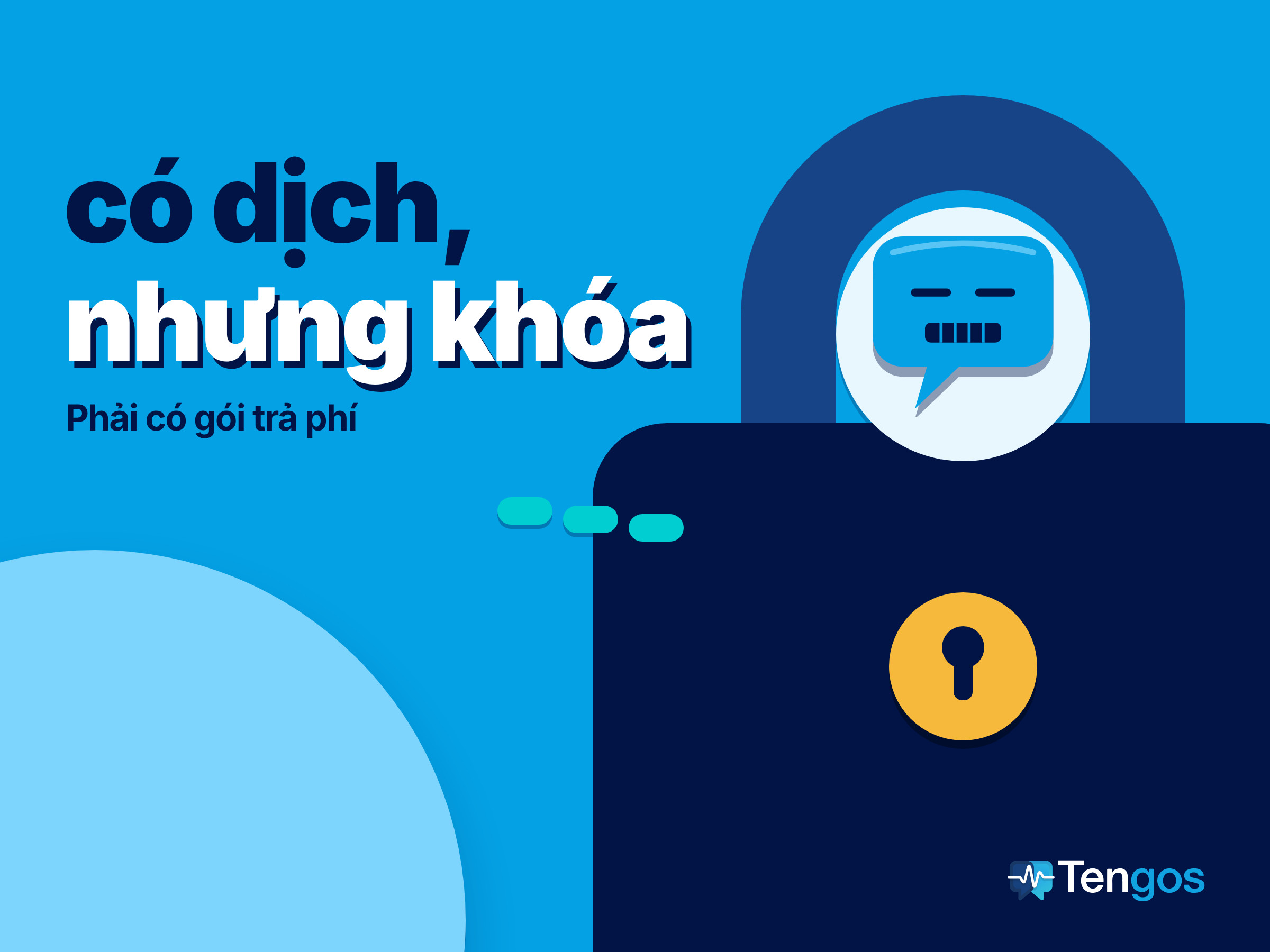 Dịch cuộc họp trực tiếp bị khóa sau gói trả phí: ổ khóa khổng lồ có đồng xu làm lỗ khóa, nhân vật bong bóng thoại Ten bị khóa miệng