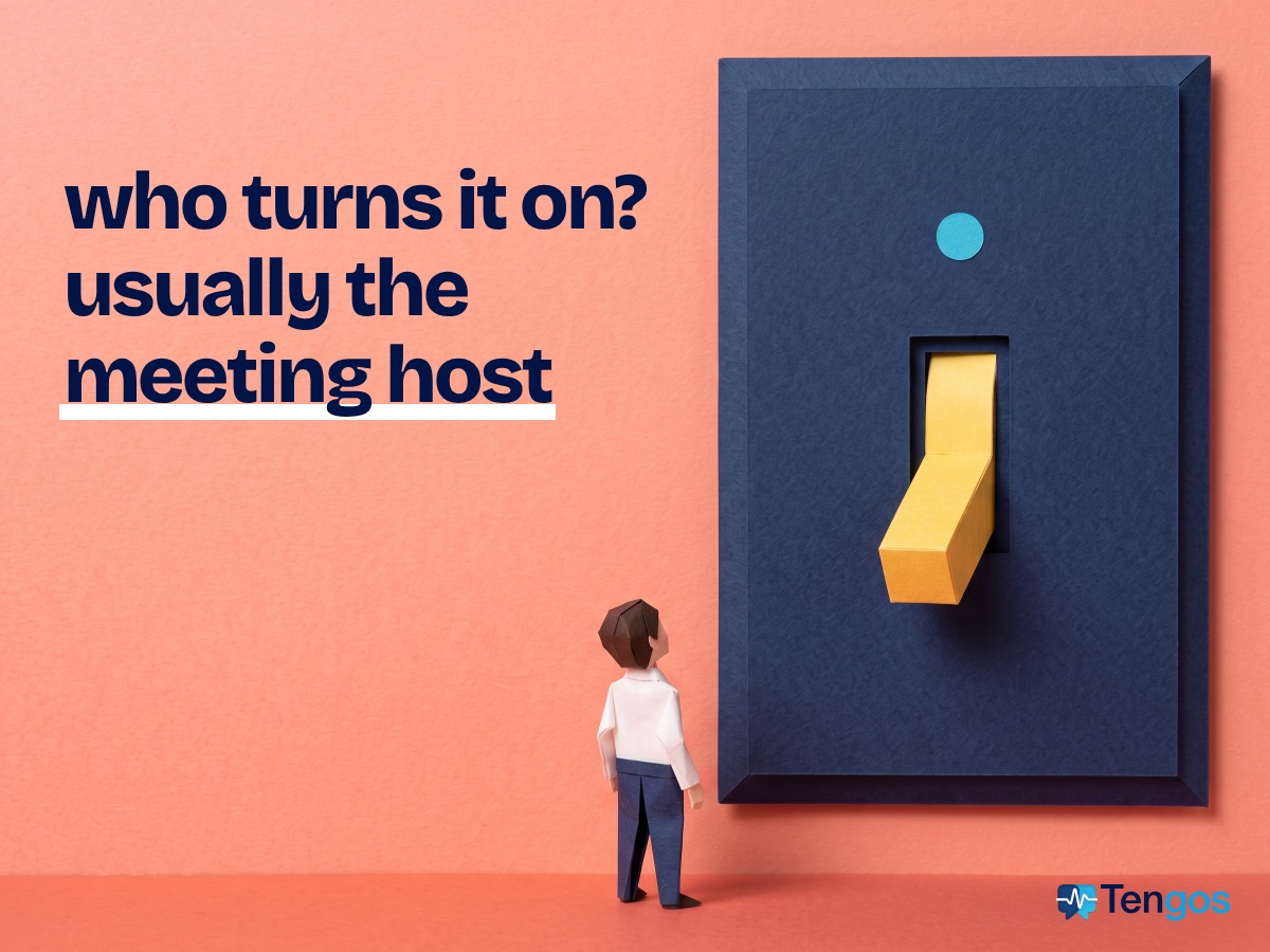 Giant paper wall switch with a tiny person looking up at it: who turns on live meeting translation? Usually the meeting host