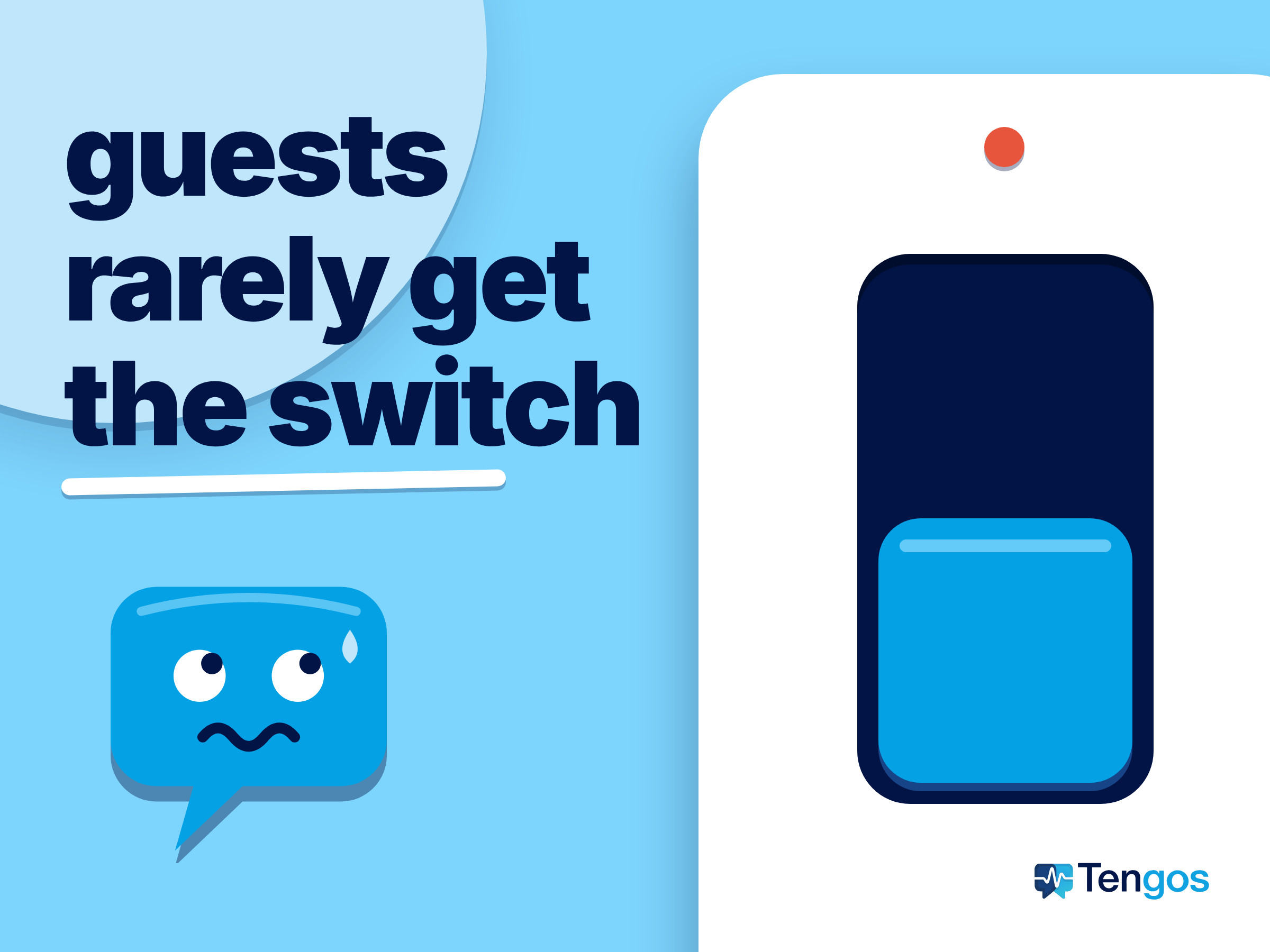 Giant wall switch turned off with Ten the speech-bubble character looking up worried: guests cannot turn on translated captions themselves