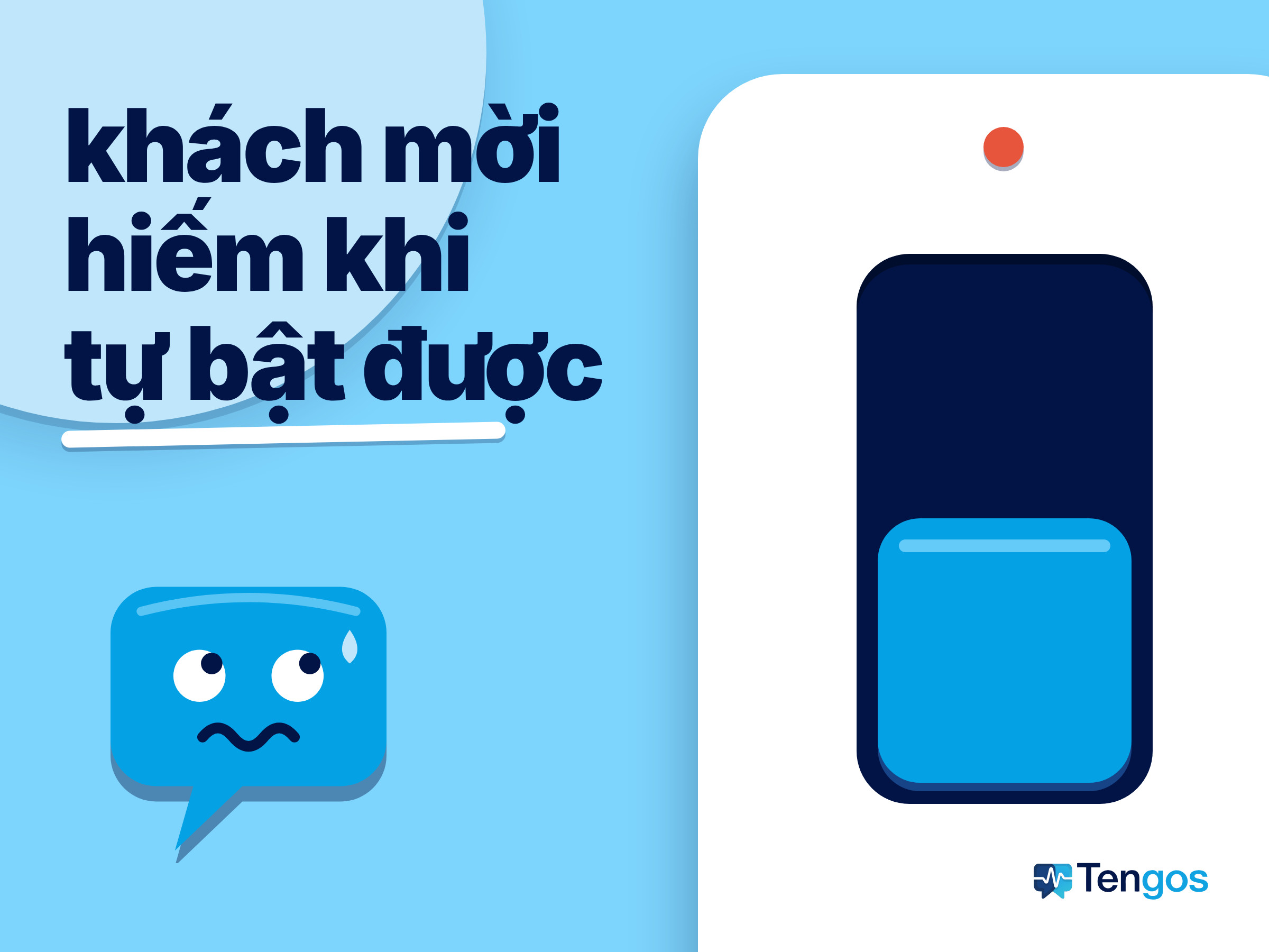 Công tắc tường khổng lồ đang tắt, nhân vật bong bóng thoại Ten lúng túng nhìn lên: khách mời không tự bật được phụ đề dịch